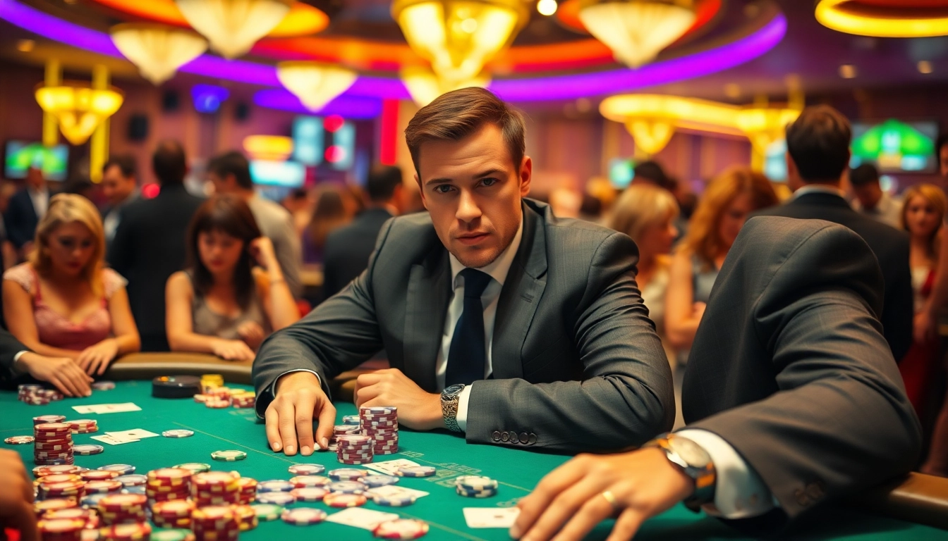 Casino spielen mit einem fokussierten Spieler am Tisch in einem lebhaften Casino.