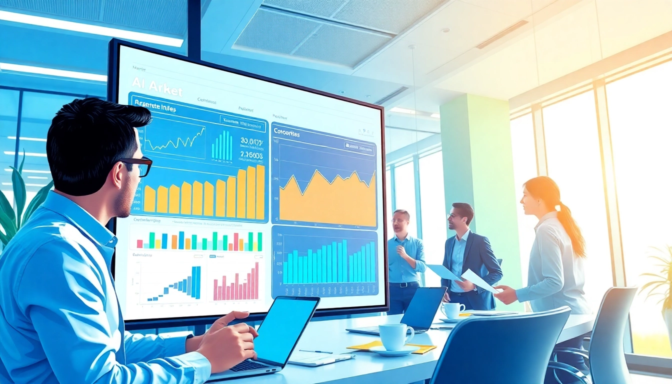 Analyze market trends using AI for competitor analysis in a modern office setting.