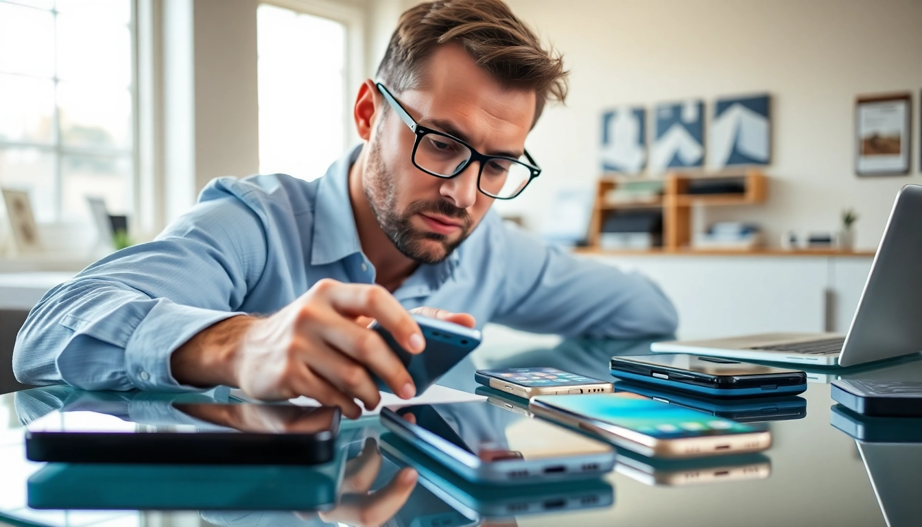 Engaging cash phone buyer assessing various smartphones on a modern table.