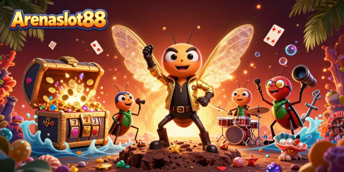 Engage with Arenaslot88's vibrant slot game scene featuring a cicada rock star and immersive casino elements.
