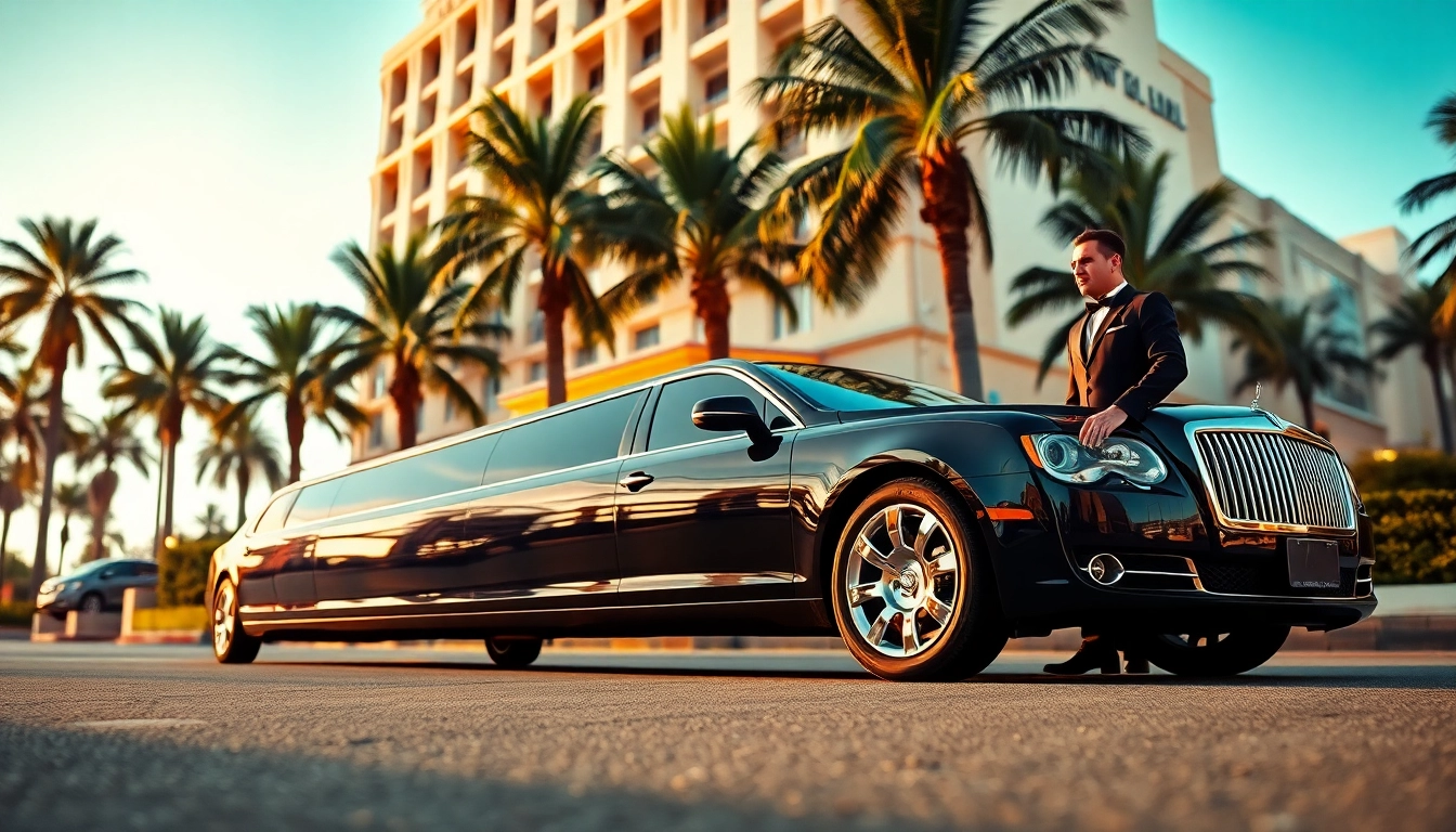 Luxury Los Angeles Limo parked elegantly outside a high-end hotel, showcasing stylish chauffeur service.