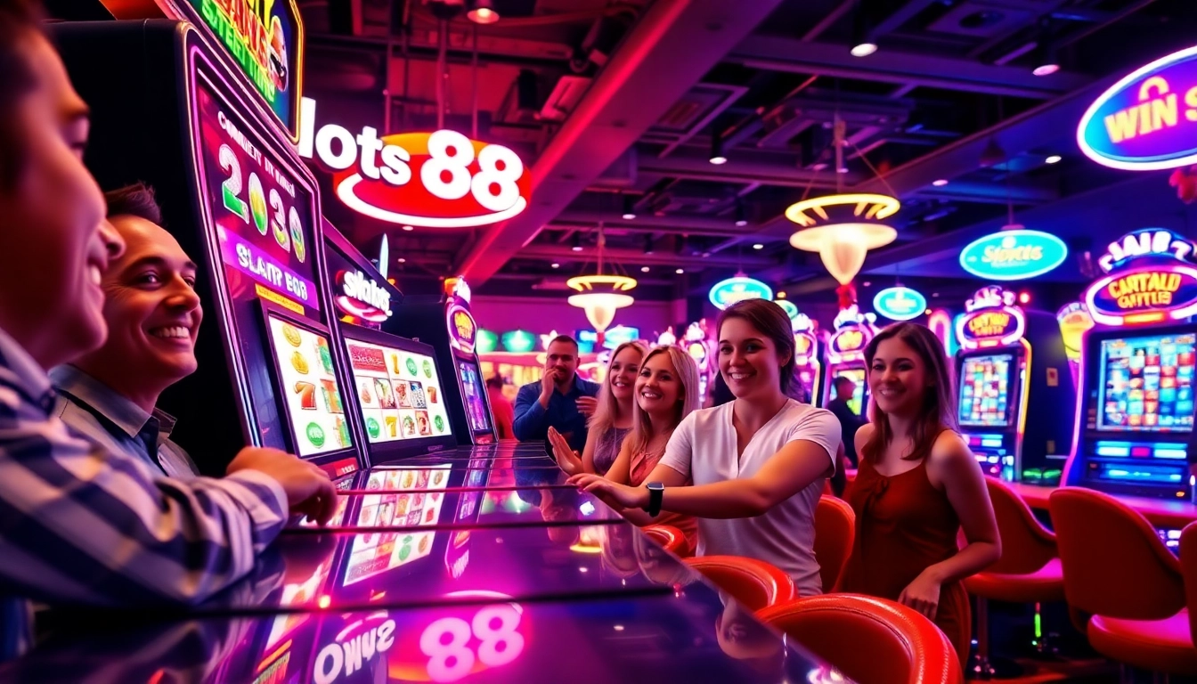 Exciting players celebrate wins on the vibrant slot88 machine in a lively casino setting.