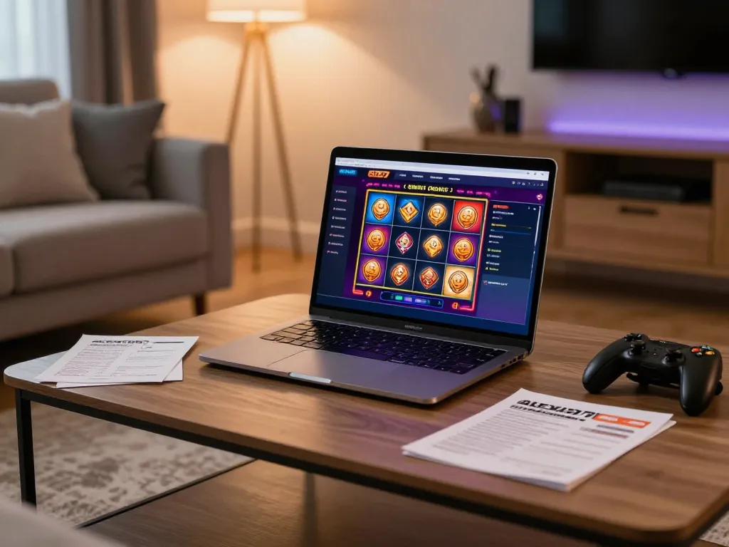 Engaging gaming scene featuring alexis77 online platform on a laptop, illustrating responsible gambling.