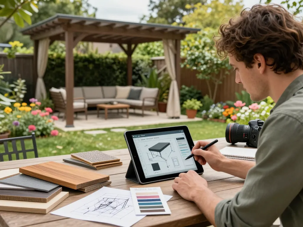 Custom pergola configurator in use by a designer showcasing materials and designs in a serene outdoor space.