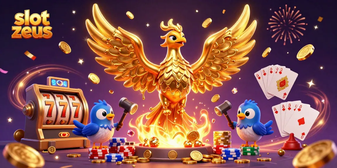 Spin the slot zeus reels with golden wins and vibrant casino elements surrounding a phoenix.