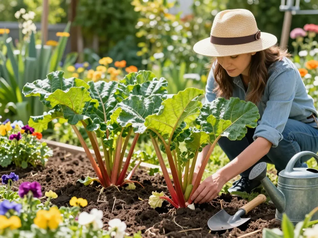 Healthy rhubarbs flourishing in a garden, showcasing rabarber planten kopen with a gardener nurturing the plants.