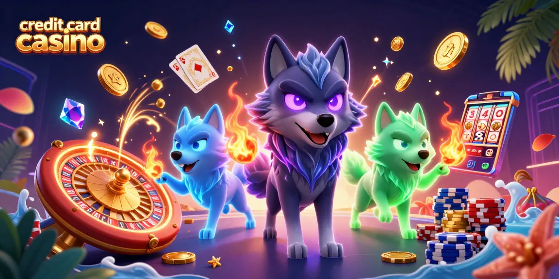 Engage in the fast-paced action of credit card casino gaming with a thrilling 3D illustration of wolves and casino elements.