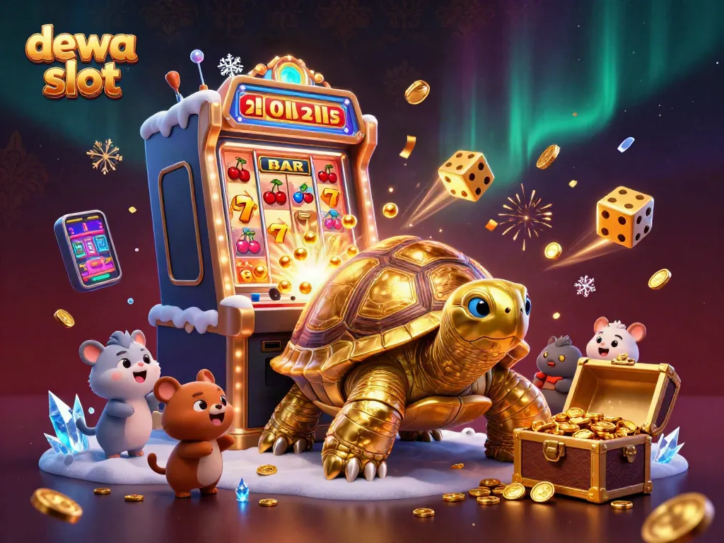 Permainan slot dewa slot dengan karakter unik kura-kura emas menghibur pemain, penuh warna dan efek.