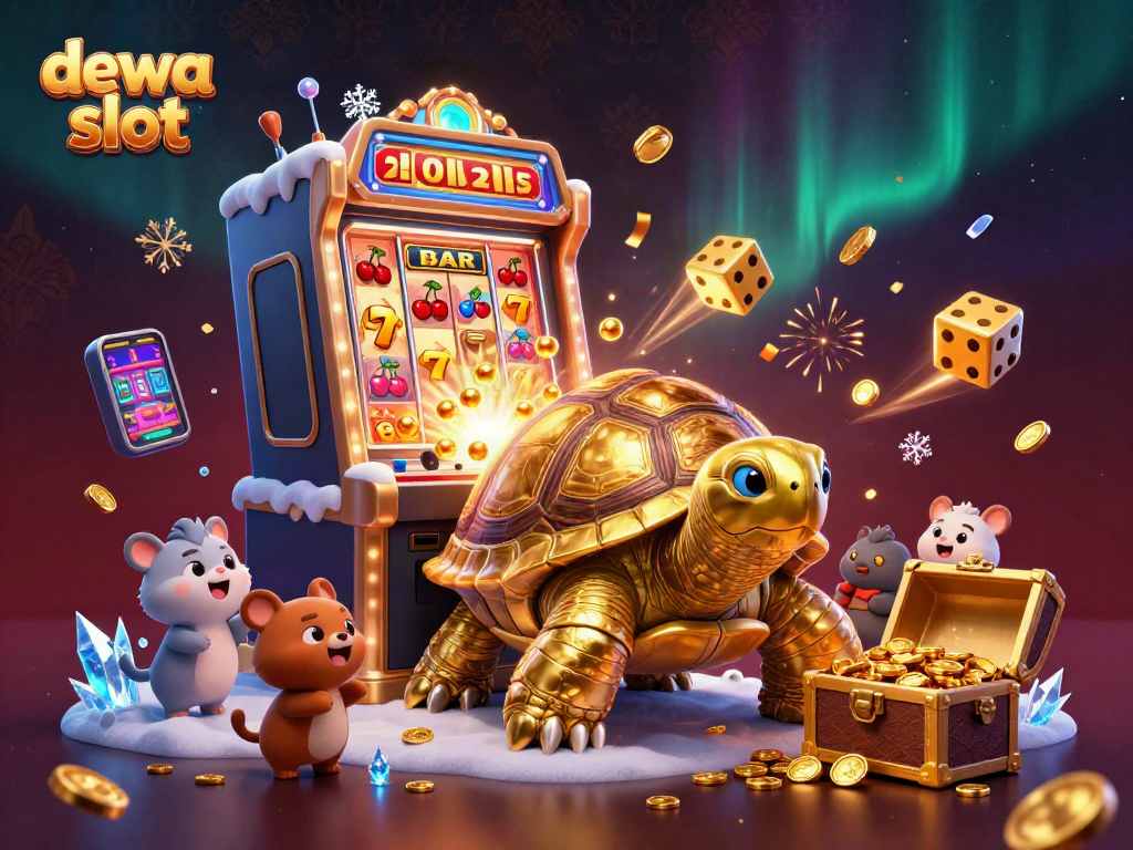 Permainan slot dewa slot dengan karakter unik kura-kura emas menghibur pemain, penuh warna dan efek.