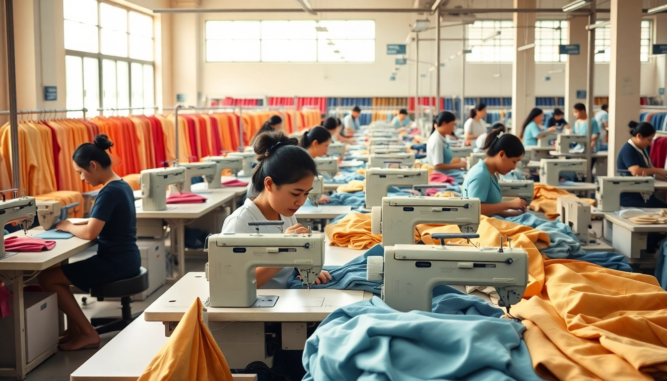 Workers in apparel manufacturing in China sewing garments with precision.