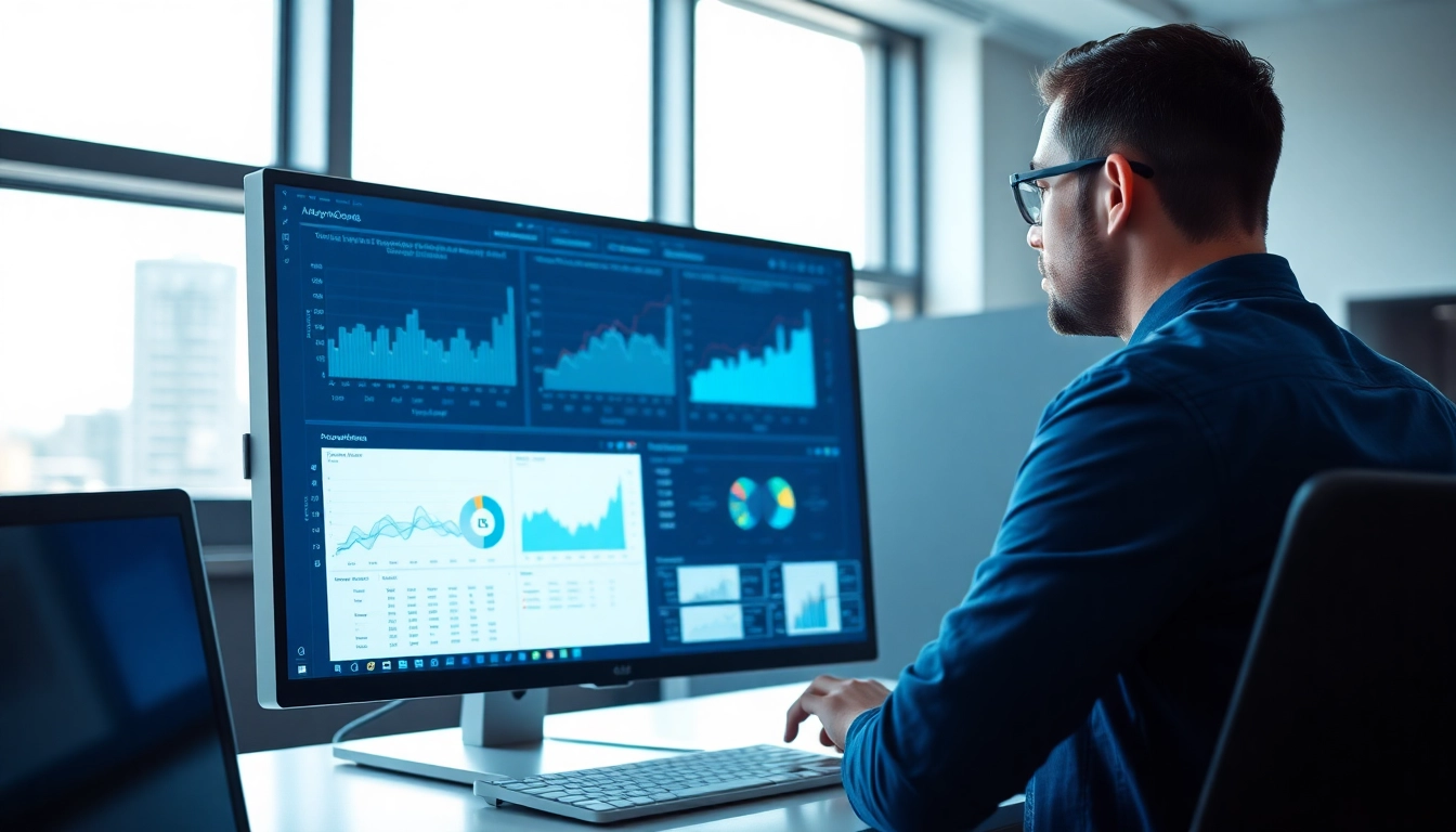 Visualize a technician engaged in Remote Monitoring and Management (RMM) on dual screens in a high-tech office.