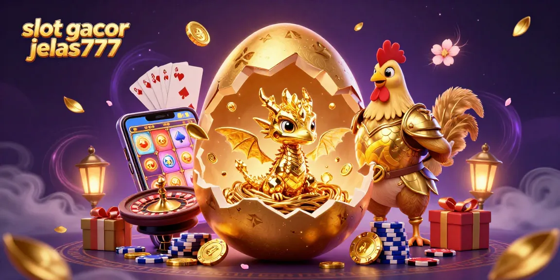 Menampilkan slot gacor jelas777 dengan ilustrasi kartun 3D dari telur emas dan naga kristal di atas chip poker.