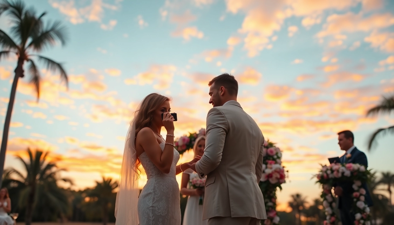 Tampa event photographer capturing a wedding ceremony under a sunset sky.