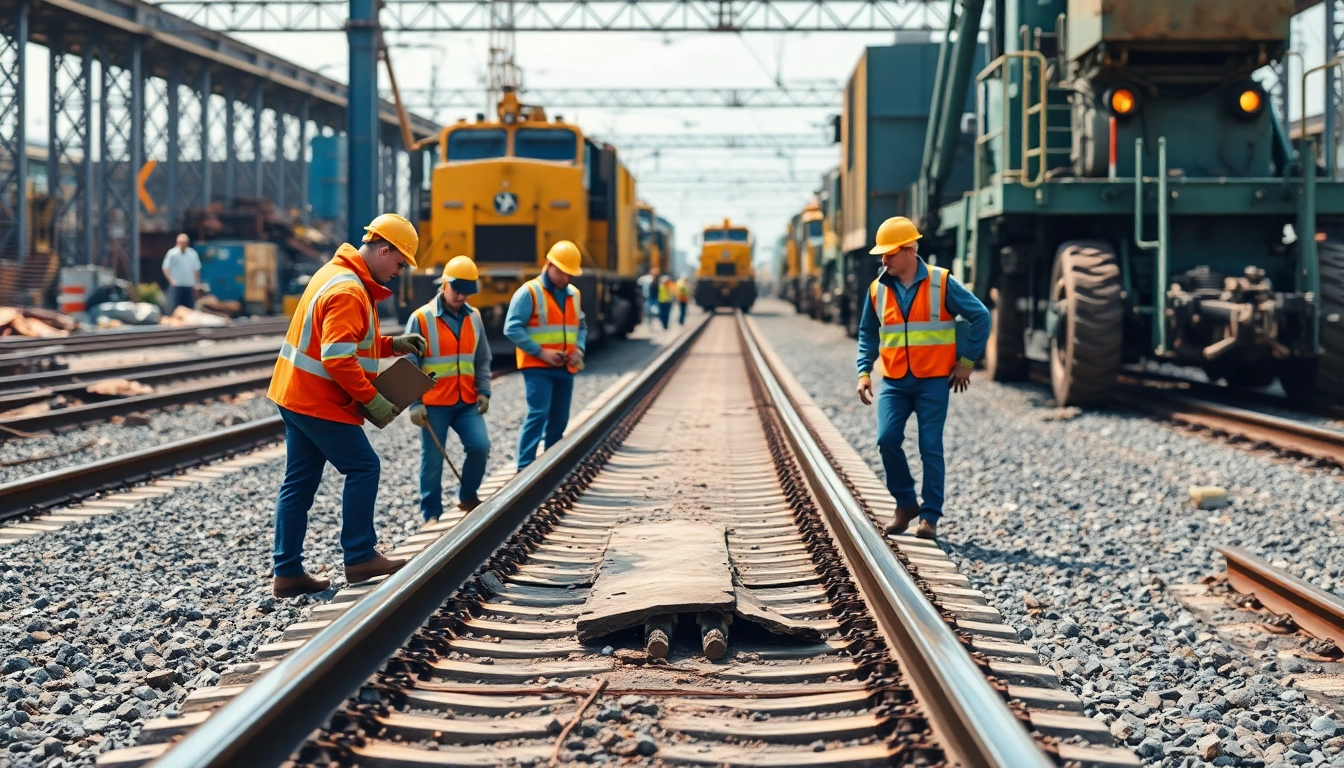 Railroad workers engaged in crucial derailment repairs on railway tracks surrounded by safety protocols.