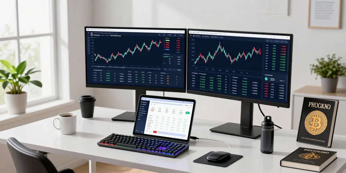 Beginner cloud mining platform displayed on dual monitors in a modern crypto trading workspace with Bitcoin charts and DeFi dashboards.