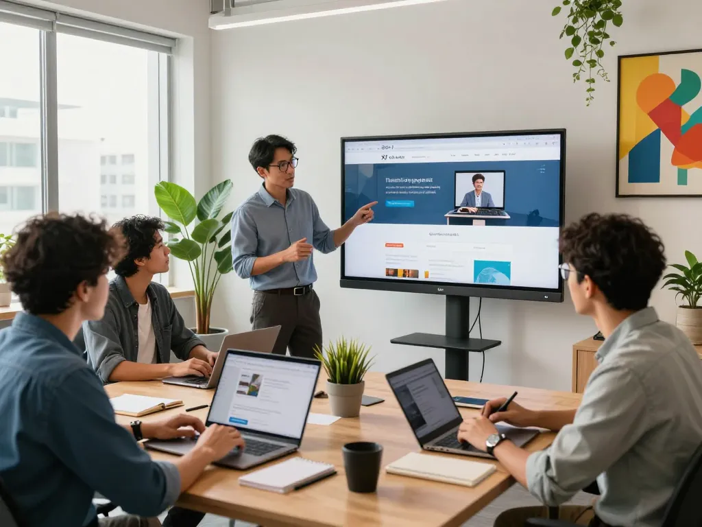Team of web designers collaborating in a modern office, highlighting a web design company Kuala Lumpur.