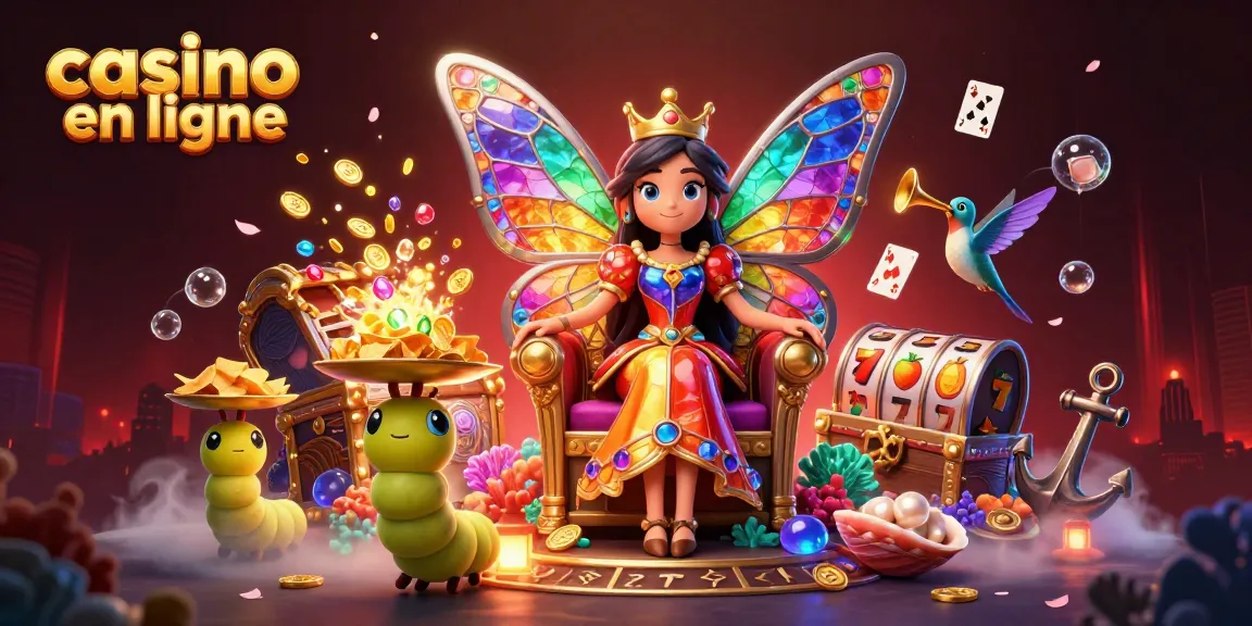 Jouez au casino en ligne avec une illustration riche en couleurs et symboles captivants.