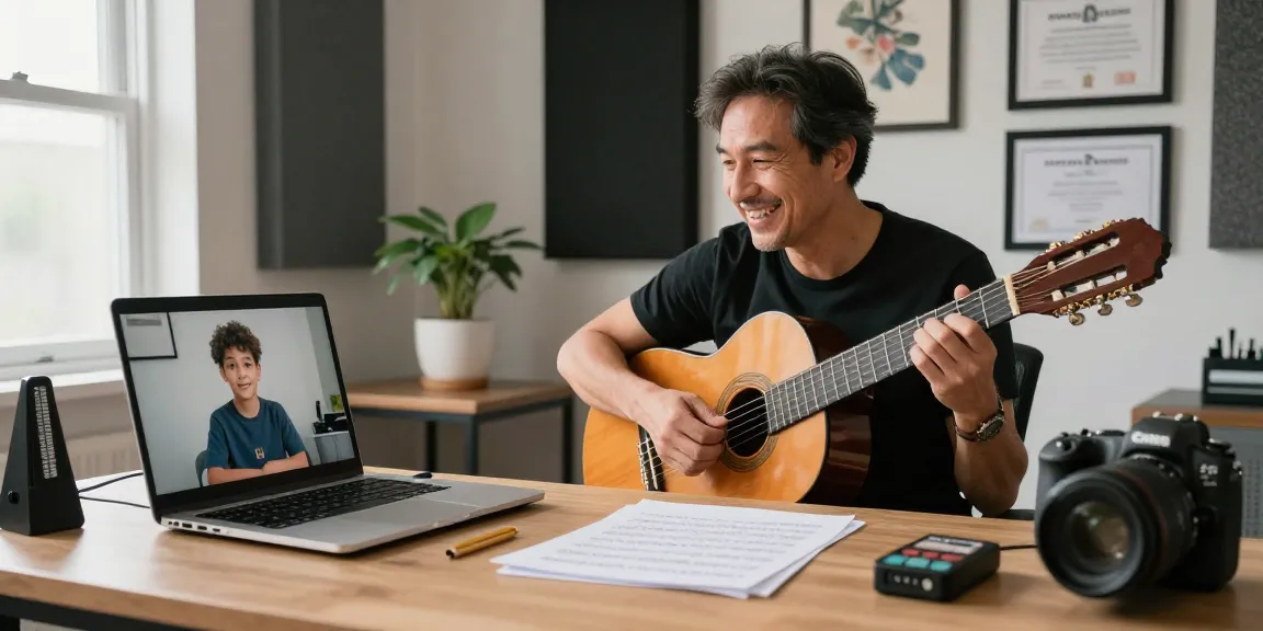 Guitar instructor online providing personalized lessons with a classical guitar in a home studio environment.