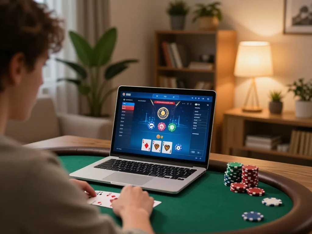 Player strategizing with poker on laptop for 123b-bm, showcasing comfortable home setup.