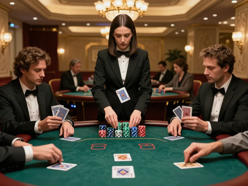 Players strategizing winning bets at 388bet poker table in stylish casino.