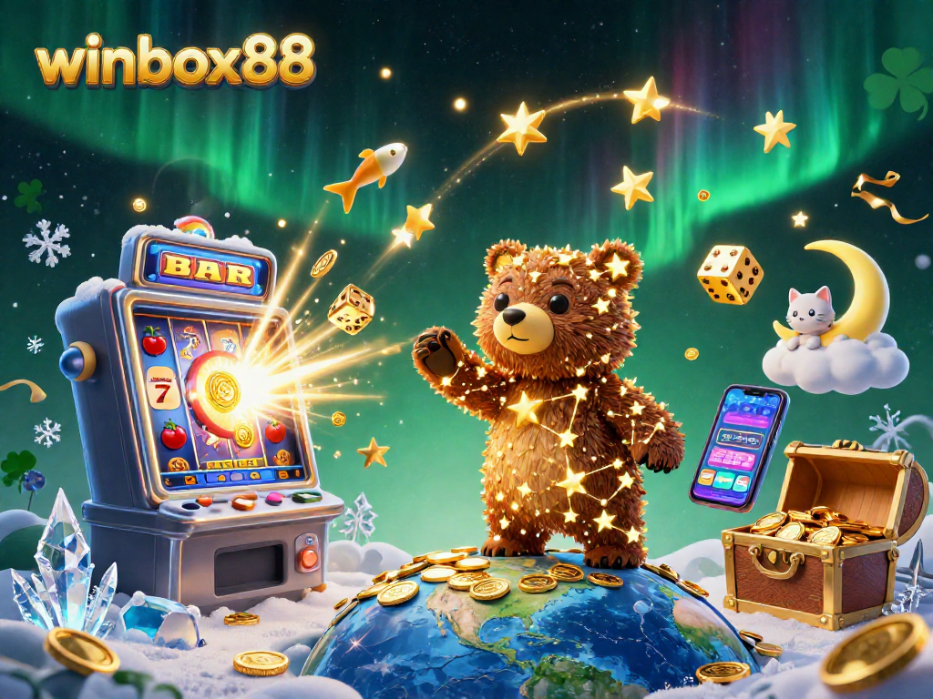 Winbox88 brings excitement with a colorful scene featuring slots and playful characters.