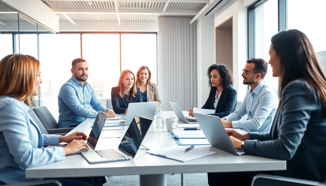 Discussing Federal and State contracts in a modern office setting with diverse professionals.