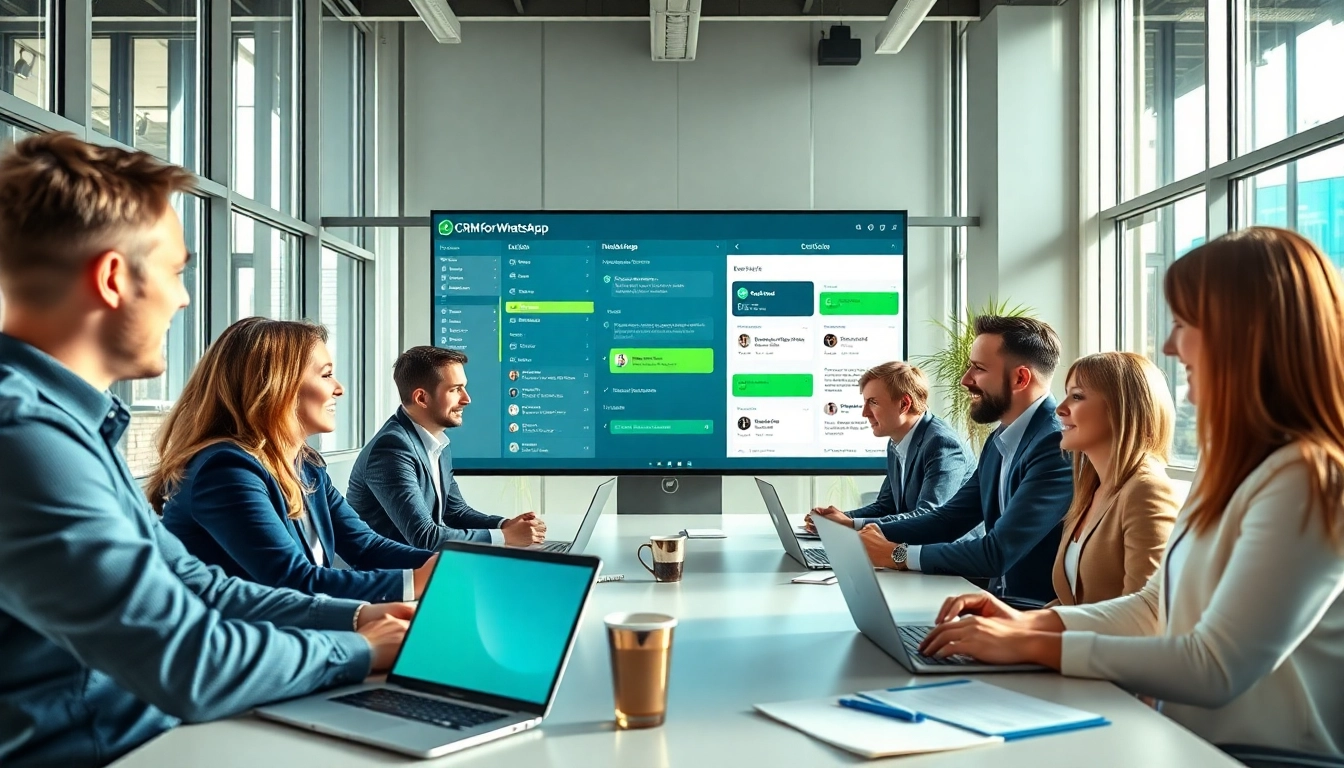 Illustration showcasing What is a CRM for WhatsApp in a lively office setting with discussions.