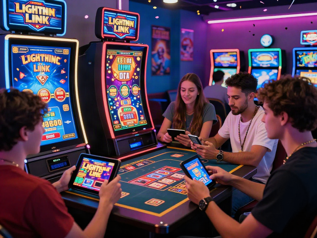 Friends enjoying link casino online games together in a vibrant, lively virtual casino atmosphere.