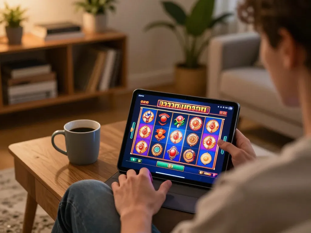 Engaging in สล็อตวอเลท gameplay on tablet, modern home setting with warm ambiance.