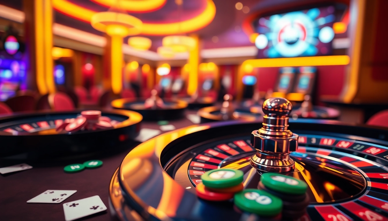 Engaging scene of best csgo gambling sites featuring game tokens and roulette wheels.