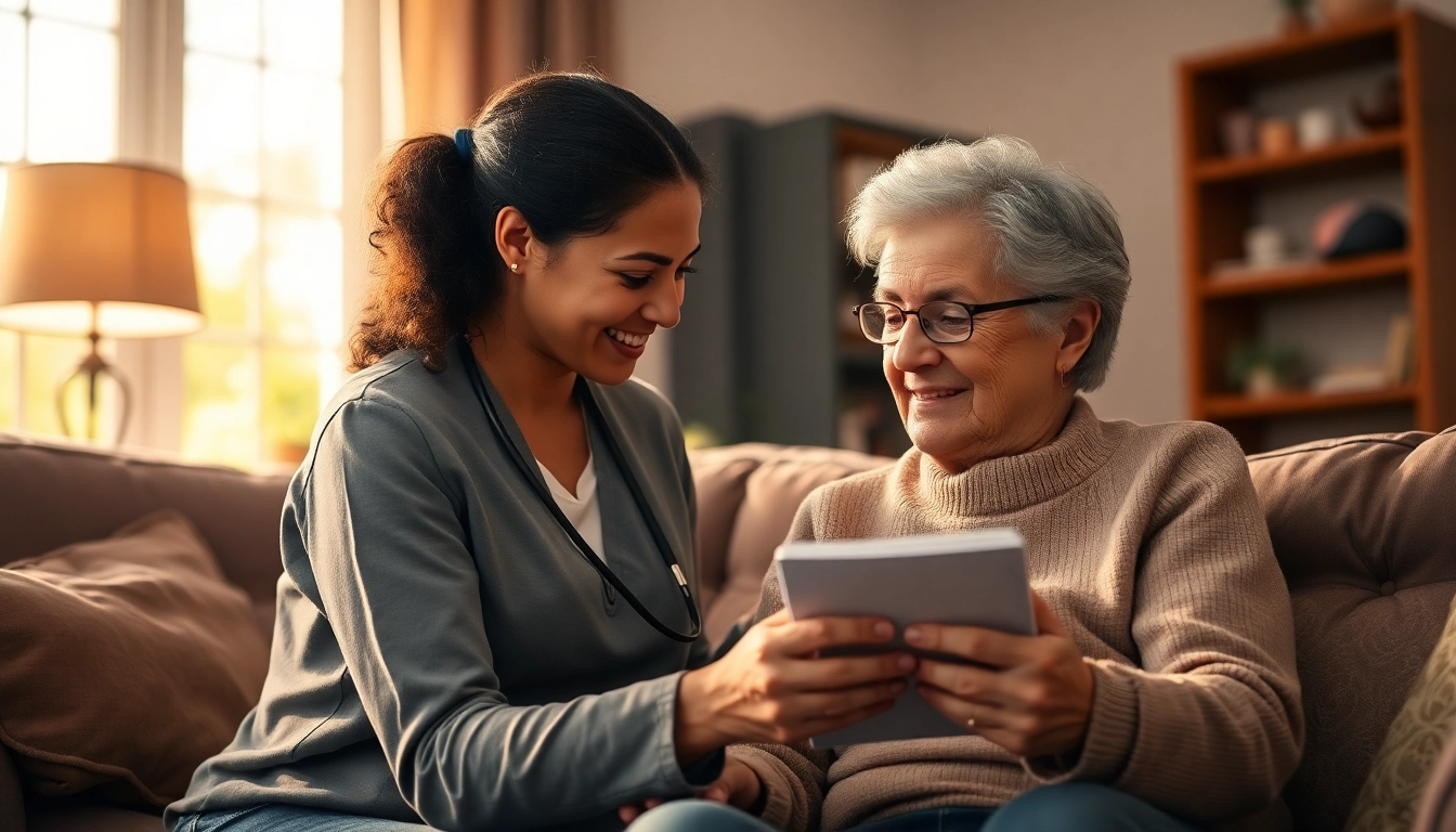Engaging scene of in home care for seniors, caregiver helping senior with daily activities in a cozy setting.