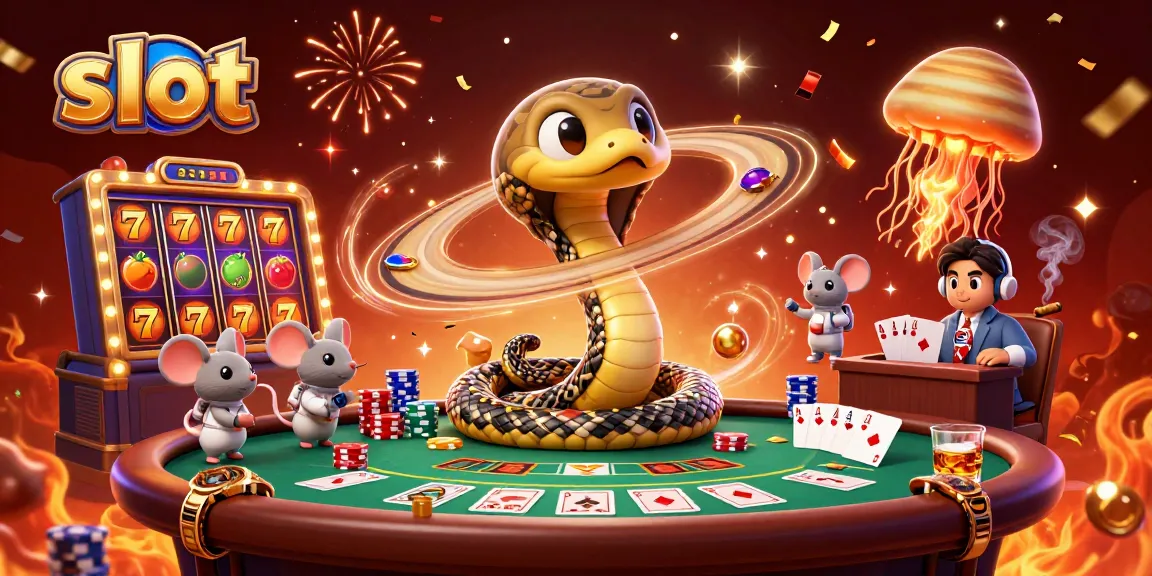 Putar slot dengan simbol keberuntungan dan dealer kosmik di latar belakang kasino digital.