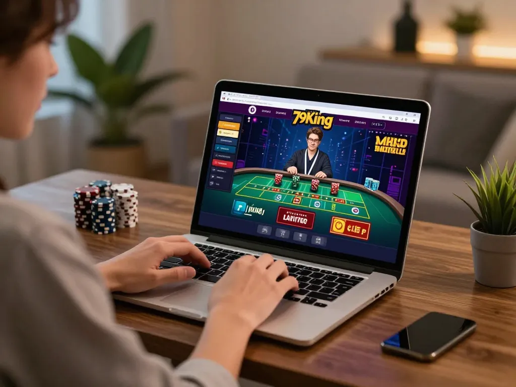 A player engaging with the Trang chủ 79king online casino platform, showcasing live dealer gameplay with a modern gaming setup.