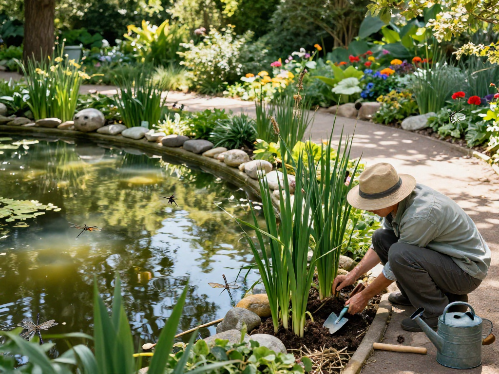 Marginal Pond Plants enhance a tranquil garden pond, gardener planting reeds amidst vibrant surroundings.