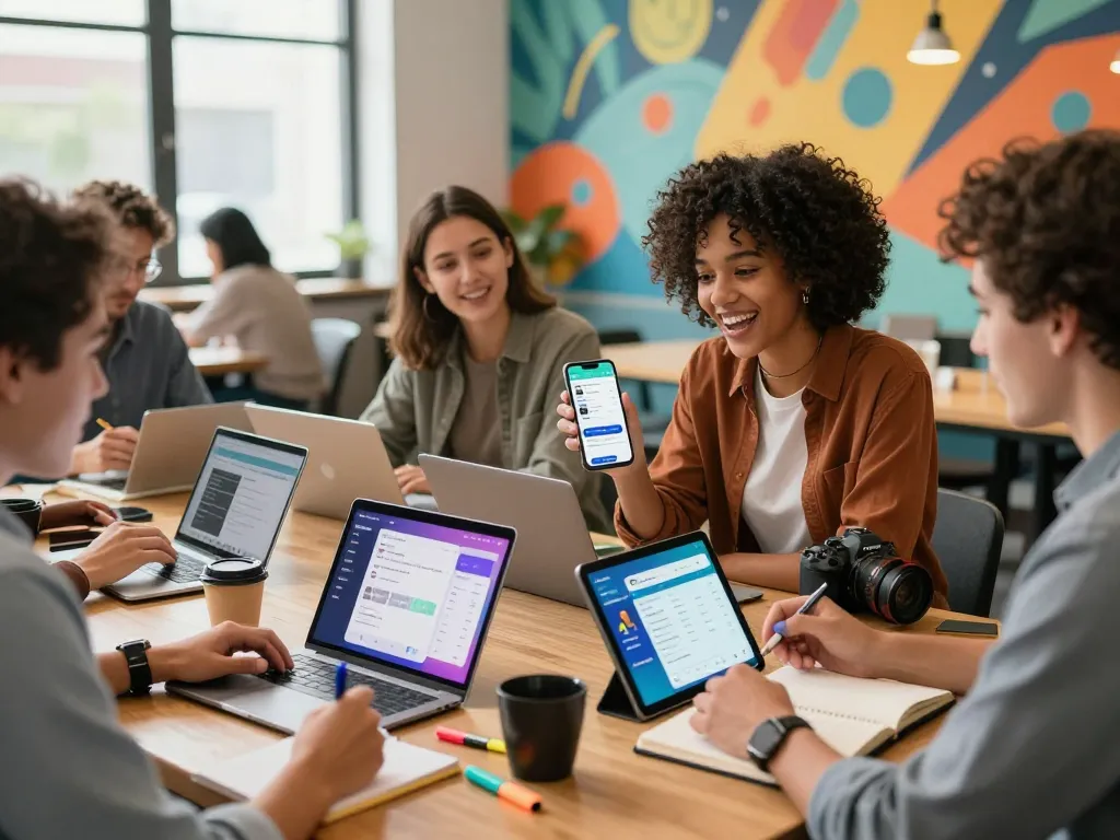 Group discussing Ezzocards at a modern co-working space, highlighting innovative online payments.