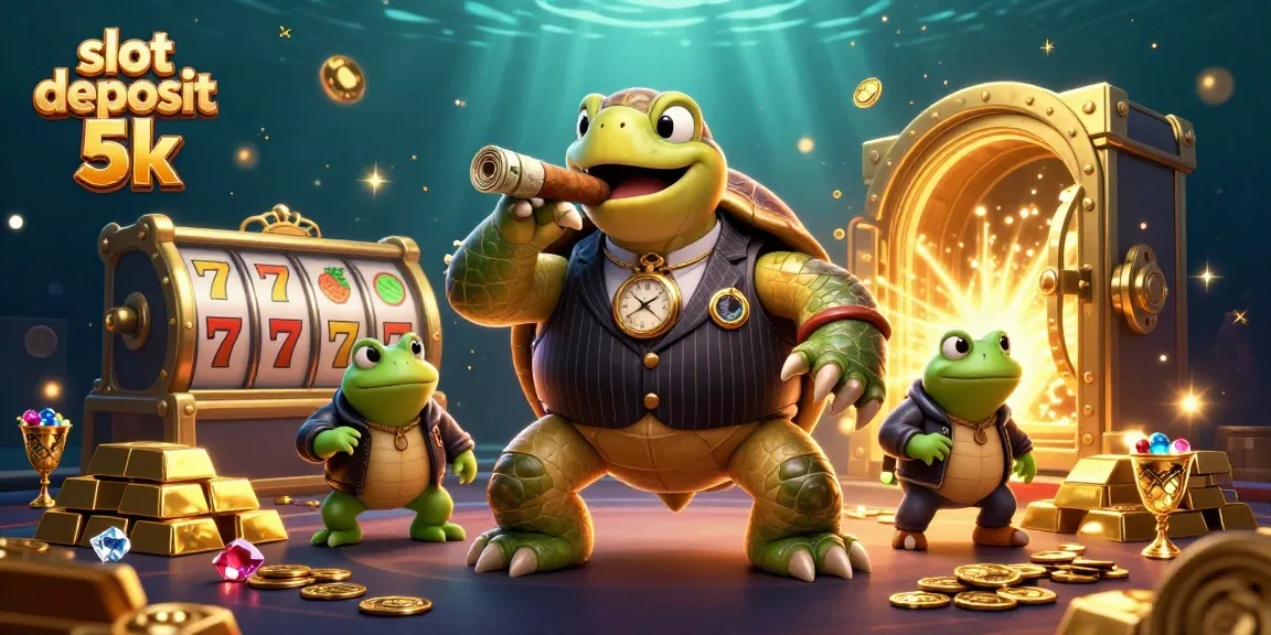 Experience slot deposit 5k thrills with a cartoon turtle mobster and dynamic casino elements.