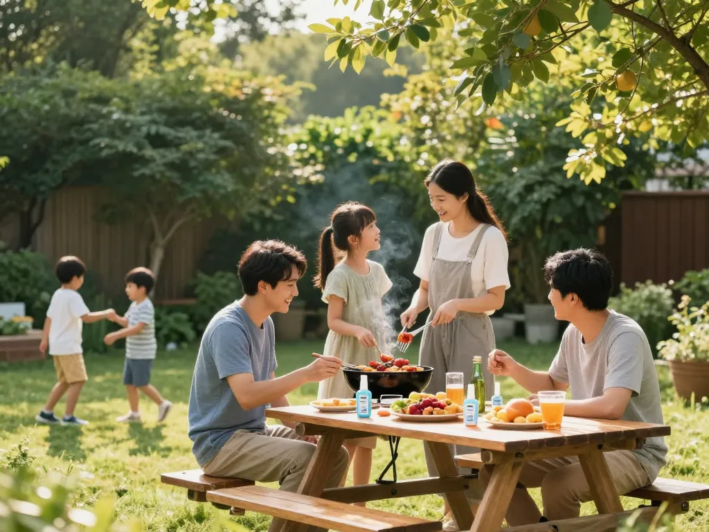 Family enjoying outdoor barbecue with the Best Mosquito Repellent products on display.