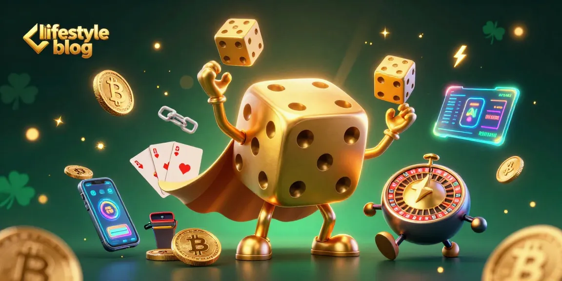 Engage with a thrilling lifestyle blog scene featuring joyful 3D cartoon dice and crypto elements.