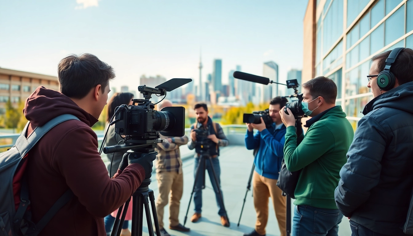 Creating engaging video production edmonton with a professional crew in an outdoor setting.