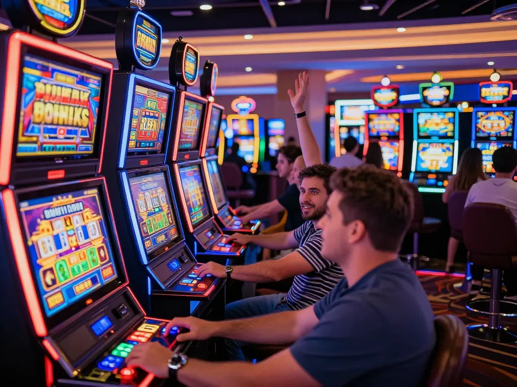 Players enjoying diverse slot machines, spinning reels, and celebrating wins in a lively casino atmosphere