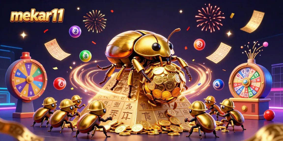 Mekar11 features a lively casino scene with a golden dung beetle, balls, and colorful confetti.