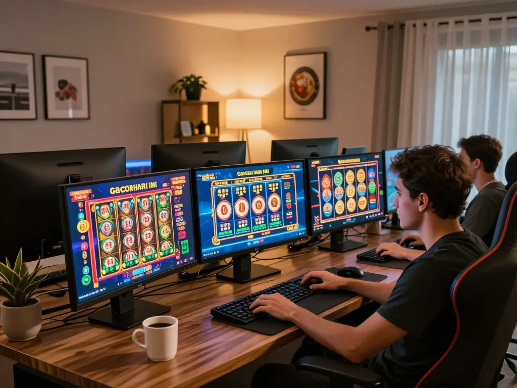 Engaged player strategizing for slot gacor hari ini at a stylish home gaming setup