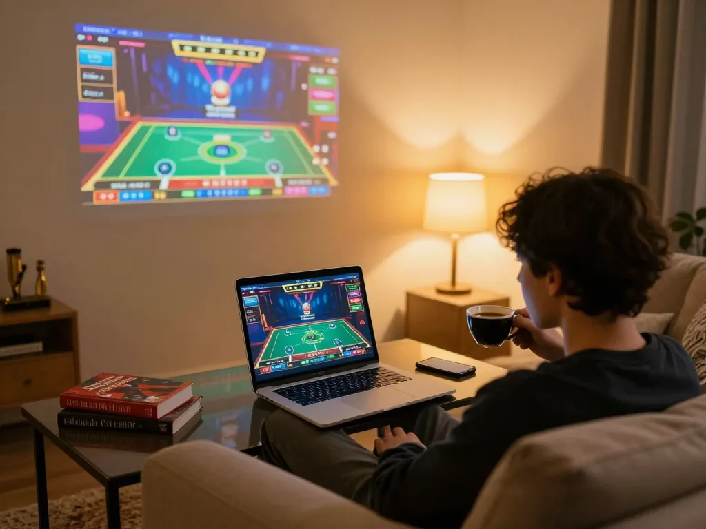 Engaging scene of a player enjoying ae888 live dealer game from home, laptop and coffee present.