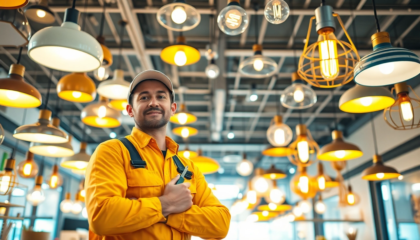 Inspecting Edmonton lighting maintenance with modern fixtures in a well-lit store.
