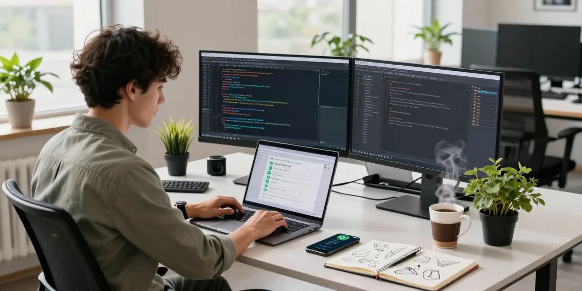 WhatsApp下載 on a developer's screen in a modern office workspace.