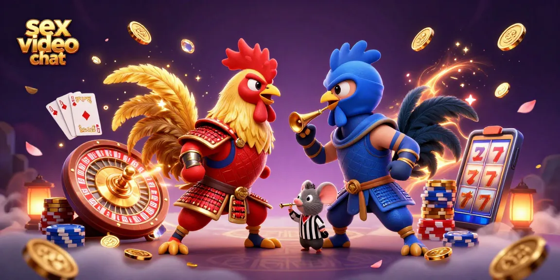 Engage in thrilling sex video chat as roosters battle with glowing casino elements all around in dynamic 3D illustration.