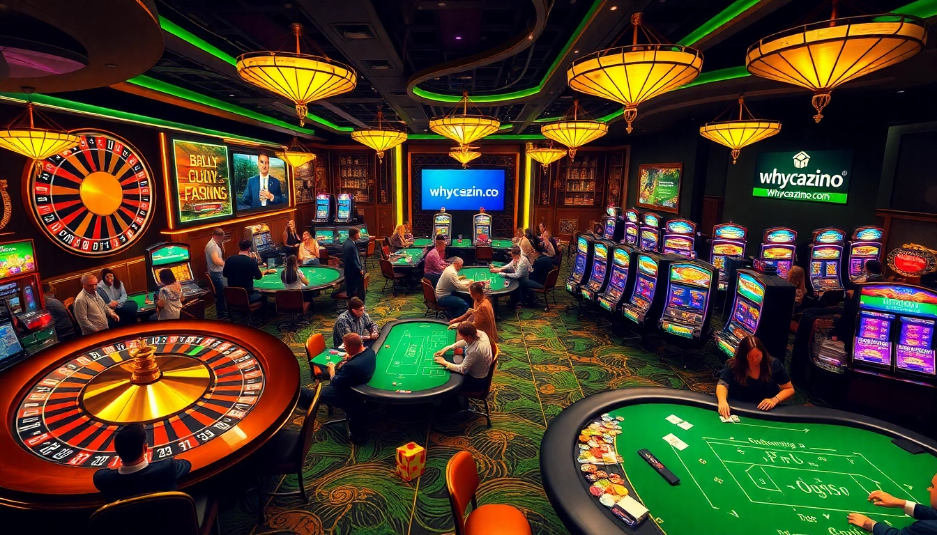 Casino scene with players enjoying various games and neon lights promoting https://whycazino.com/ for thrilling gambling experiences.