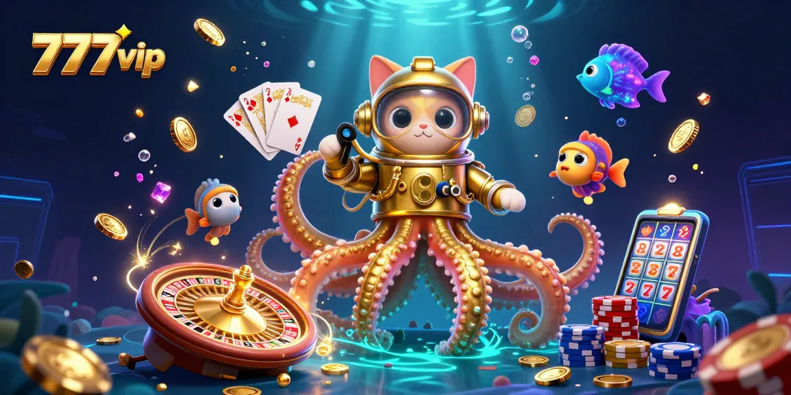Spin to win at 777vip with a dazzling kraken, diving cat and vibrant casino elements!