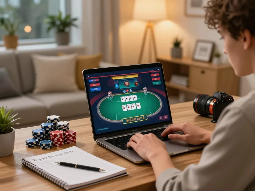 Engaging online poker session featuring strategic notes and chips while playing giường bệnh nhân in a cozy home setting.