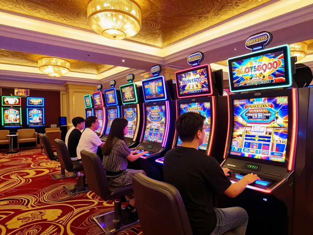 Engaging players at SLOT6000 pressing spin button on vibrant slot machine screens, showcasing Link Gaco's fast gaming experience